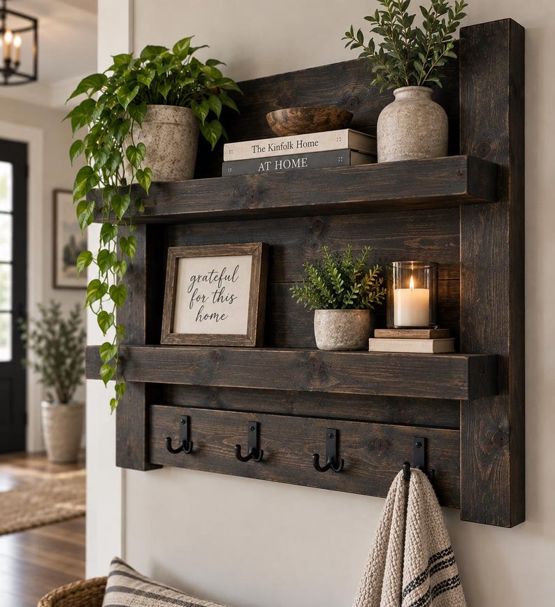 May include: A dark stained wooden wall shelf featuring two horizontal shelves and four black metal hooks. The shelves hold a trailing green plant, two books titled The Kinfolk Home and AT HOME, a small wooden bowl, a framed sign reading grateful for this home, a potted plant, and a white candle in a glass holder.