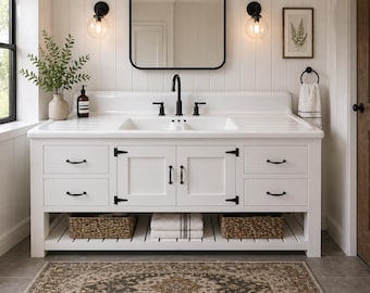 Rustic Double Sink Wood Vanity, Farmhouse Bathroom Storage Cabinet
