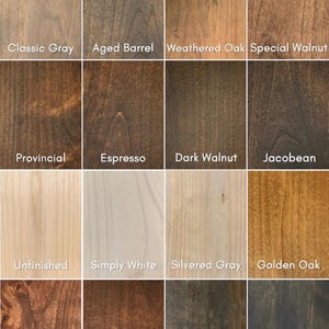 May include: A grid of sixteen wood stain samples labeled Classic Gray, Aged Barrel, Weathered Oak, Special Walnut, Provincial, Espresso, Dark Walnut, Jacobean, Unfinished, Simply White, Silvered Gray, Golden Oak, Red Chestnut, Honey, Ebony, and True Black.