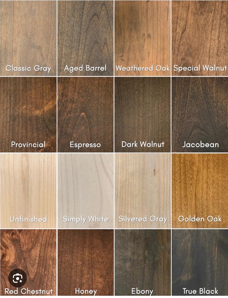 May include: A grid of sixteen wood stain samples labeled Classic Gray, Aged Barrel, Weathered Oak, Special Walnut, Provincial, Espresso, Dark Walnut, Jacobean, Unfinished, Simply White, Silvered Gray, Golden Oak, Red Chestnut, Honey, Ebony, and True Black.