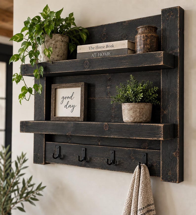 May include: A wall-mounted black wooden shelf unit with two horizontal shelves and four black metal hooks at the bottom. The unit features a distressed finish and holds a potted plant, two books titled The Home Book and AT HOME, a small framed sign reading good day, and a second potted plant.