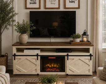 Fireplace TV Stand Farmhouse, Rustic Media Console, Custom Entertainment Center, Barn Door TV Stand, Electric Fireplace