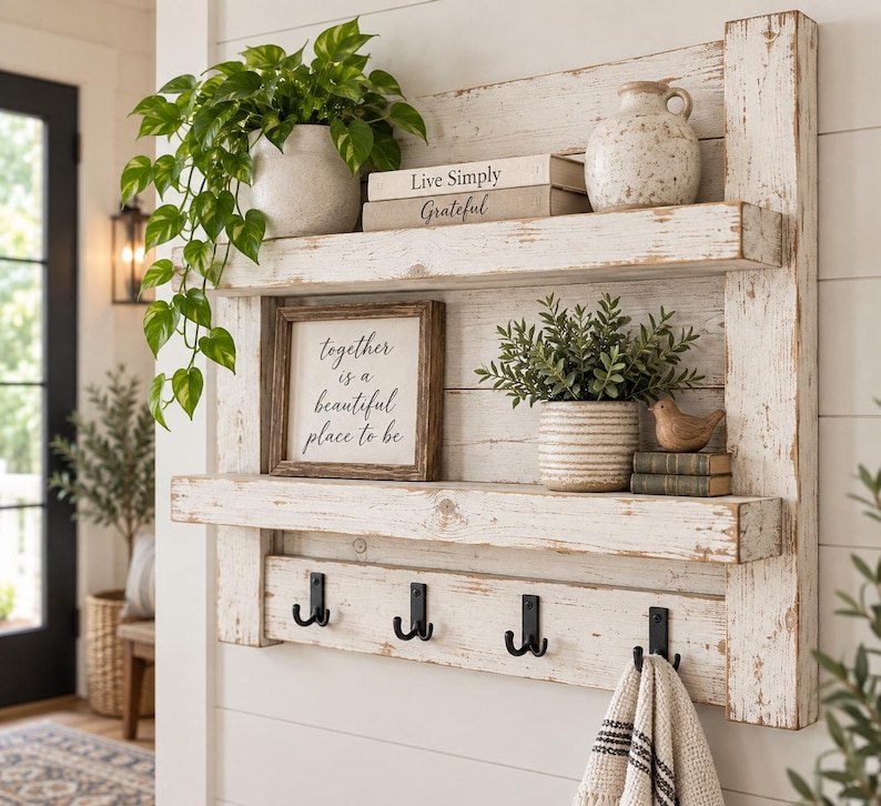 May include: A wall-mounted white distressed wood shelf unit featuring two horizontal shelves and a bottom row with four black metal double hooks. The shelves hold a potted plant, two books labeled Live Simply and Grateful, a vase, and a framed sign.