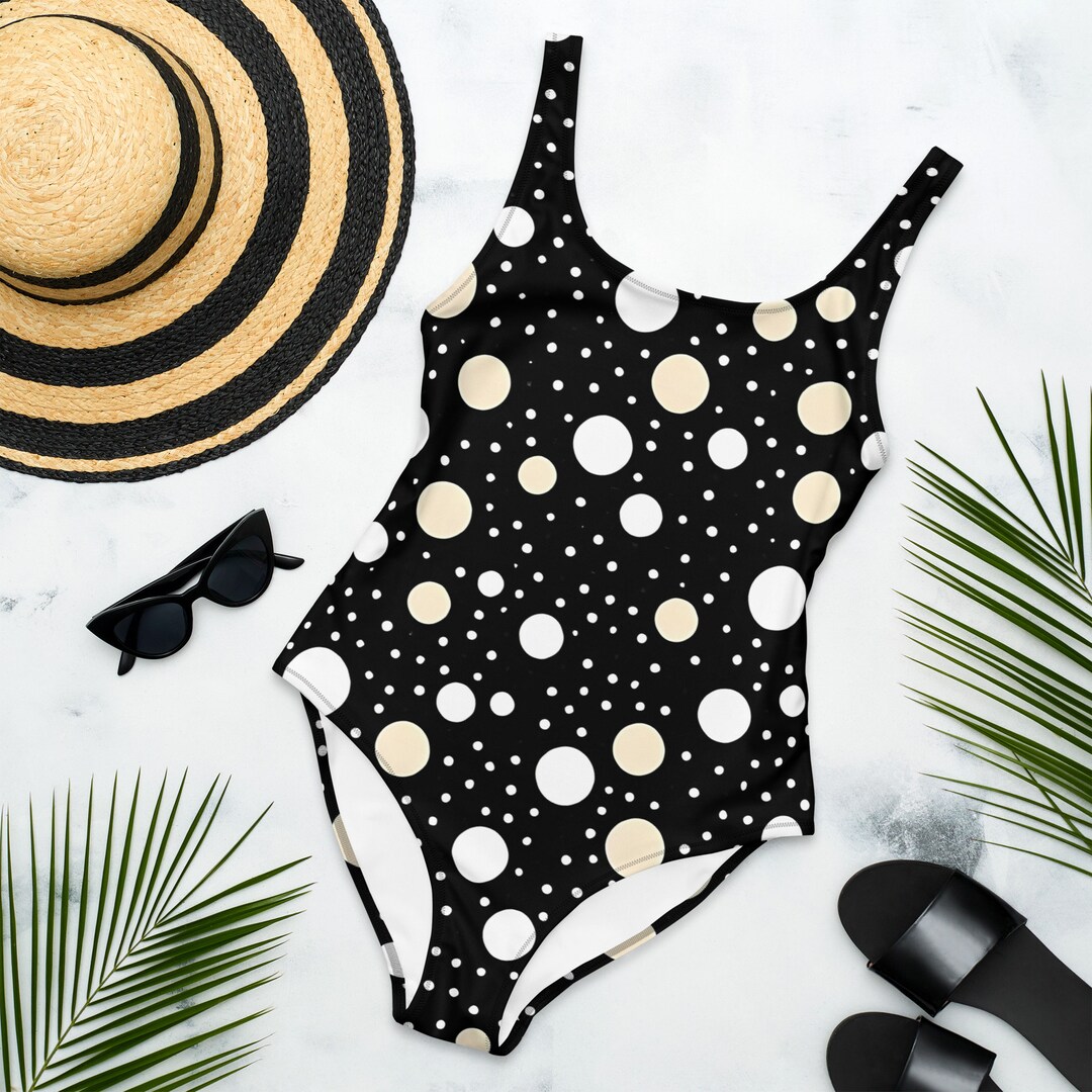 Maillot De Bain Une Pièce Noir à Pois Blancs I.F. - Taille 8 - Occasion En Très Bon état