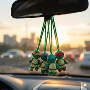Handgemaakt gehaakt groen autoaccessoire, Turtle Dolls – Turtle Amigurumi-sleutelhanger