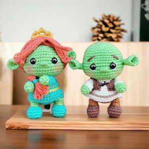Handmade green ogre couple amigurumi plush set, crochet fantasy creatures for gift, decor, or collection, unique handmade dolls set