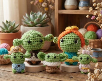 Ensemble familial Shrek et Fiona Amigurumi, triplés d'ogres au crochet, peluche miniature fait main personnage de film, cadeau unique pour les fans de Shrek, lot de 5 pièces