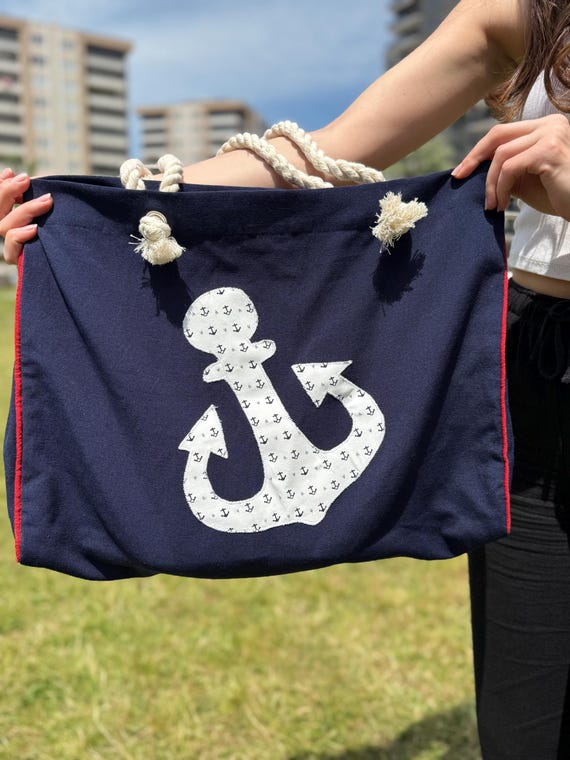 Bolso tote de crochet azul marino hecho a mano, bolso de playa