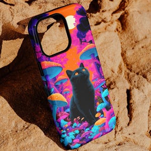 Black Cat Phone Case: Trippy Mushroom Psychedelic Cover