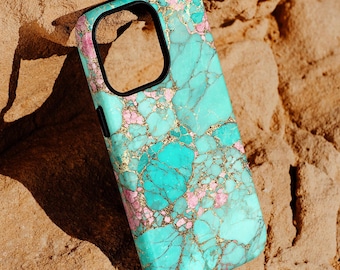Turquoise Marble Phone Case: Pink & Gold Veins, Tough Cover B0109