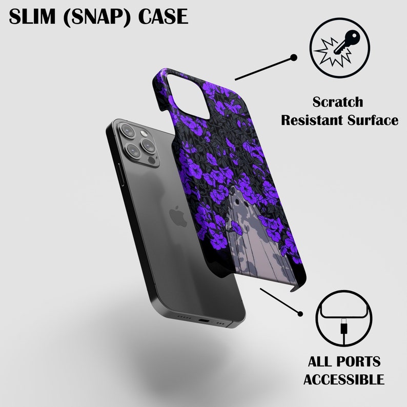 May include: A slim snap-on phone case with a purple floral design. The case is scratch resistant and has all ports accessible.