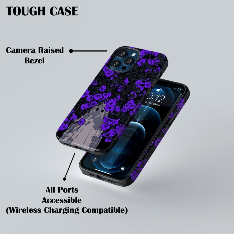 May include: A black phone case with a purple floral design and a ghost graphic. The case has a raised camera bezel and is compatible with wireless charging. The text "0:12 Say 20 October" is displayed on the phone screen.