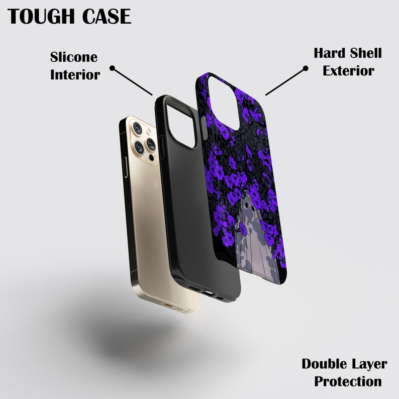 May include: A double-layer phone case with a black hard shell exterior and a silicone interior. The case features a purple floral design with a ghost figure in the center. The text "TOUGH CASE" is visible at the top of the image.