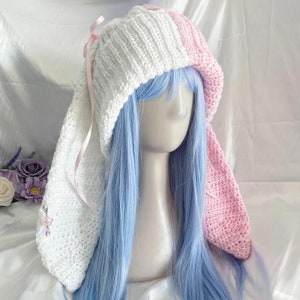 Coquette bunny beanie crochet split color customize pastel style cottagecore winter fashion jfashion kawaii cute rabbit y2k handmade artisan