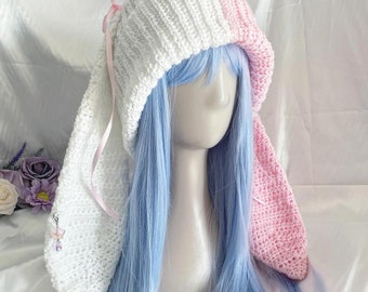 Coquette bunny beanie crochet split color customize pastel style cottagecore winter fashion jfashion kawaii cute rabbit y2k handmade artisan