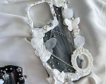 NEW!!! Y2k Grunge Iphone 14 Case Angel Goth Simulation Cream Decoden Black White Custom Cute Kawaii Dark Vintage Butterflies Anime Pro