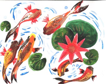 Original Aquarell Koi Fischteich