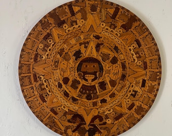 Aztec Calendar Wall Medallion: Tropical Wood Sun Stone Cuauxhicalli