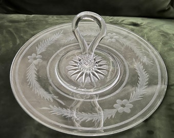 Glass Sandwich Tray Serving Piece Floral Etched Entertaining Dish