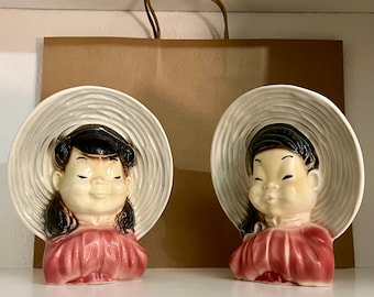 Royal Copley Pottery Asian Girl Boy Wall Pocket Planter Gift Tabletop Collectible Decor