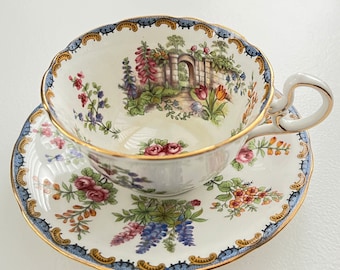 Aynsley Bone China Teacup and Saucer: Garden Gate Floral Design
