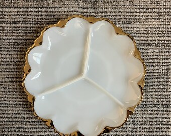 Vintage Anchor Hocking Fire King Divided Milk Glass Serving Plate with Gold Trim