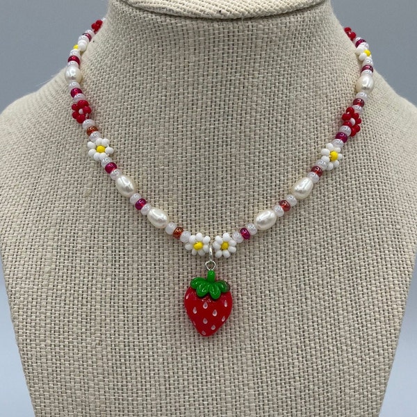 Strawberry necklace, for teen girls, Trending jewelry, gifts for her, beaded necklaces, fruit jewelry, flower necklace, popular jewelry