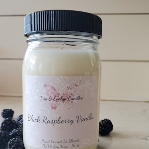 Black Raspberry Vanilla scented candle. This candle features the scent of ripe black raspberries blended with the sweet aroma of vanilla.  Made with high-quality soy wax and a cotton wick, this candle burns cleanly and evenly for hours.