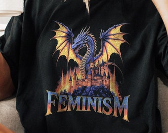 Feminism Dragon T Shirt Gothic Fantasy Castle Graphic Tee Feminist Empowerment Retro Vintage Acid Wash Metal Aesthetic Unisex Tshirt