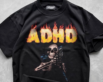 ADHD Skeleton Shirt Lustiges Mental Gesundheit T-Shirt, Geschenk Edgy Grafik T-Shirt, Schwarzer Humor, Vintage Schädel Shirt für Männer Frauen, Knebel Geschenk, Meme