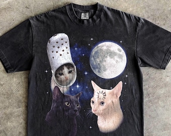 Three Cats Retro Moon Graphic T-shirts, Vintage Cat Tshirt, Cat Lovers, Funny Cat Tee, Oversized Washed Tee, Weird Meme T Shirt, Gifts