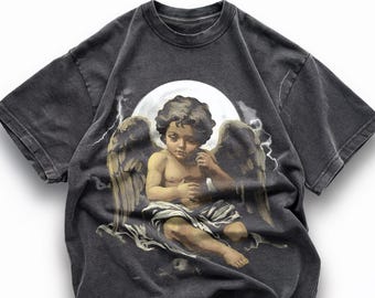 Vintage Praying Baby Angel Comfort Colors Shirt, Catholic Gift Christian Cherub Art Graphic Tee, Distressed Shirt, Jesus Y2K Streetwear