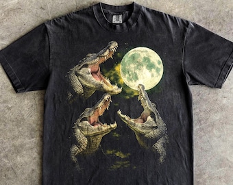 Three Alligator Moon Shirt, Funny Meme Tee, Vintage Moonlit Tee, Reptile Gift for Men Women, Grunge Crocodile Y2K T-shirt, Animal Lover Top