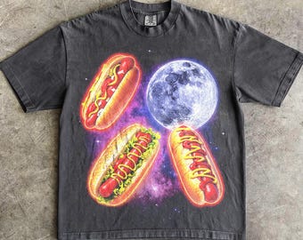 Vintage Retro Hot Dog Mond T-Shirt, Unisex Grafik-T-Shirt, Hund in mir Shirt, übergroßes Y2k Top, lustiges Tshirt Geschenk, Spaß gewaschenes T-Shirt, drei heiß