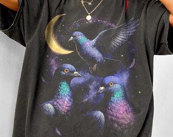 Vintage Pigeon Moon Graphic Tee: Retro Washed Cotton T-Shirt