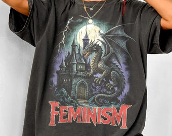 Feminism Dragon Fantasy Vintage Graphic Shirt, Retro Comfort Colors® Dragon Shirt, Feminism Shirt, Dark Art Grunge Castle Dragon Gothic Top