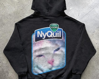 NyQuil Cat Meme Hoodie, Funny Sleepy White Cat Parody Hoodie, Weird Humor Gift for Cat