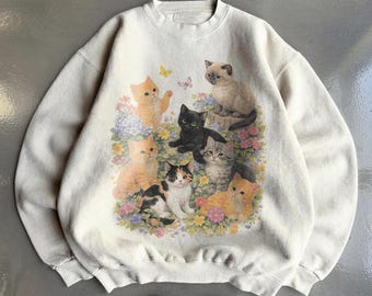 Retro Kitten Sweatshirt , 90s Vintage Cute Cats Pullover, Boho Unisex Floral Cat Butterfly Graphic Crewneck, Retro Animal Top