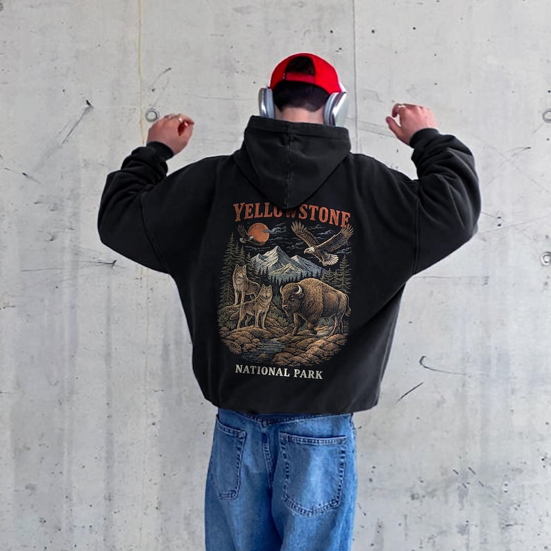Yellowstone National Park Wildlife Hoodie, Vintage Bison Wolves Eagles Nature Graphic Sweatshirt image 4