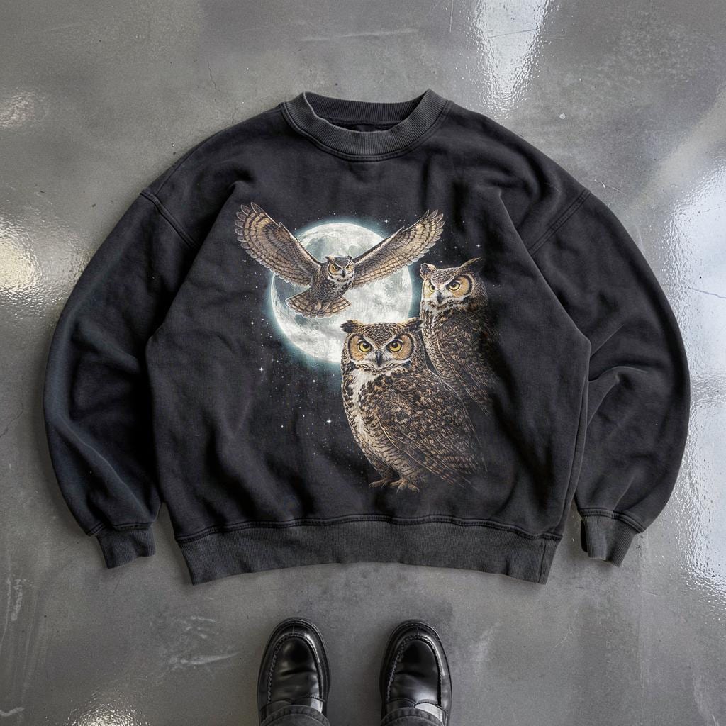 Moonlit Owl Sweatshirt, Vintage Celestial Wildlife Bird Graphic Sweatshirt, Gothic Nature Lover Gift