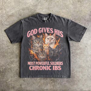 May include: A charcoal grey short-sleeve t-shirt featuring a graphic of five cats surrounded by orange flames and lightning. The text reads GOD GIVES HIS MOST POWERFUL SOLDIERS CHRONIC IBS in pink lettering. The shirt has a crew neckline and a relaxed fit.