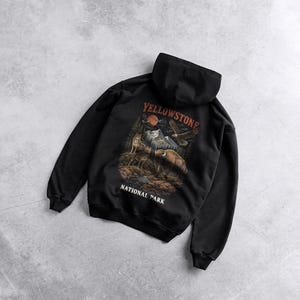 Yellowstone National Park Wildlife Hoodie, Vintage Bison Wolves Eagles Nature Graphic Sweatshirt image 5