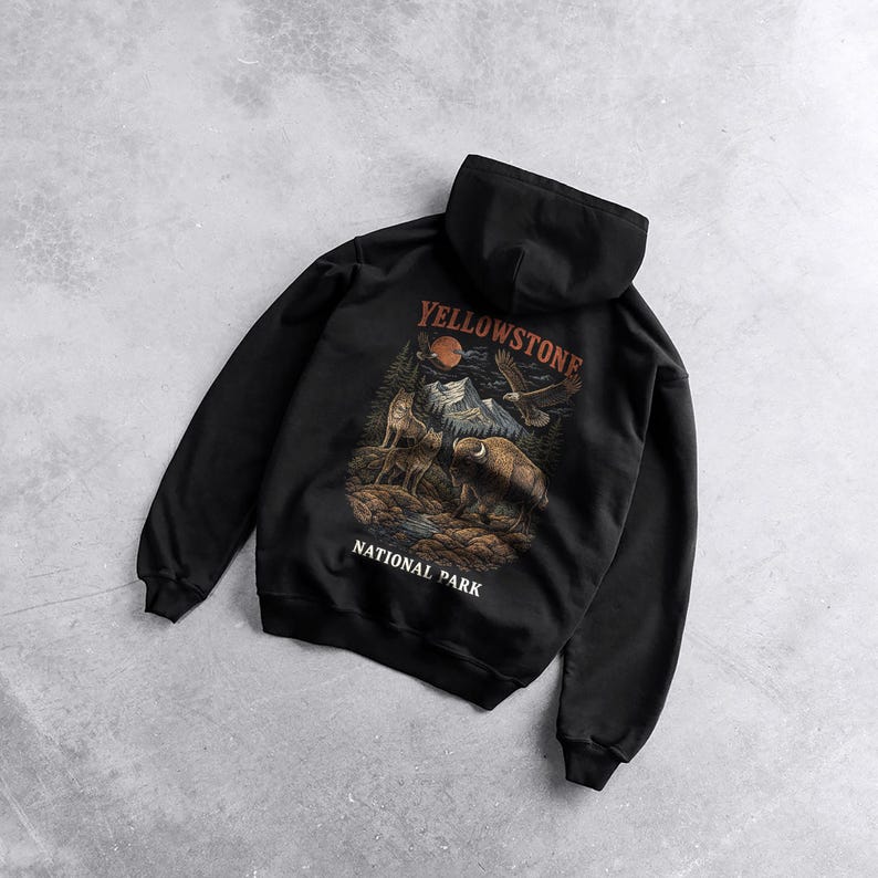 Yellowstone National Park Wildlife Hoodie, Vintage Bison Wolves Eagles Nature Graphic Sweatshirt image 5