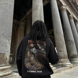 Yellowstone National Park Wildlife Hoodie, Vintage Bison Wolves Eagles Nature Graphic Sweatshirt image 2