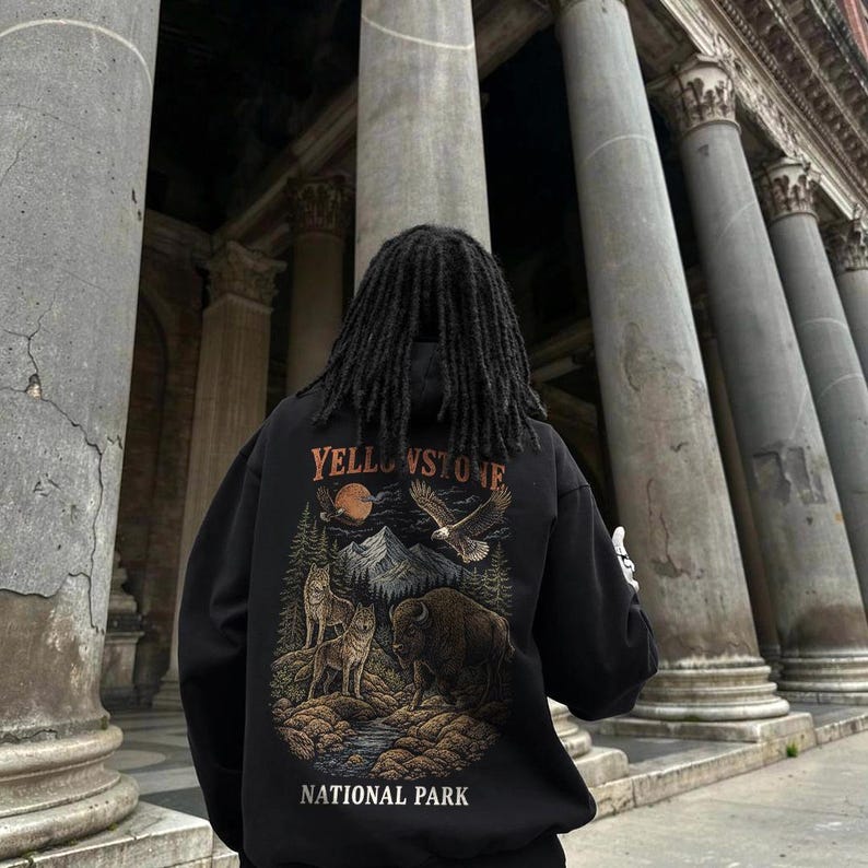 Yellowstone National Park Wildlife Hoodie, Vintage Bison Wolves Eagles Nature Graphic Sweatshirt image 2