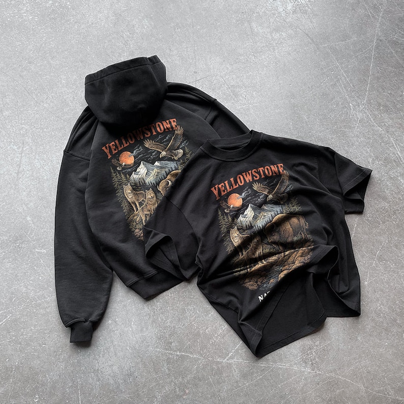 Yellowstone National Park Wildlife Hoodie, Vintage Bison Wolves Eagles Nature Graphic Sweatshirt image 3