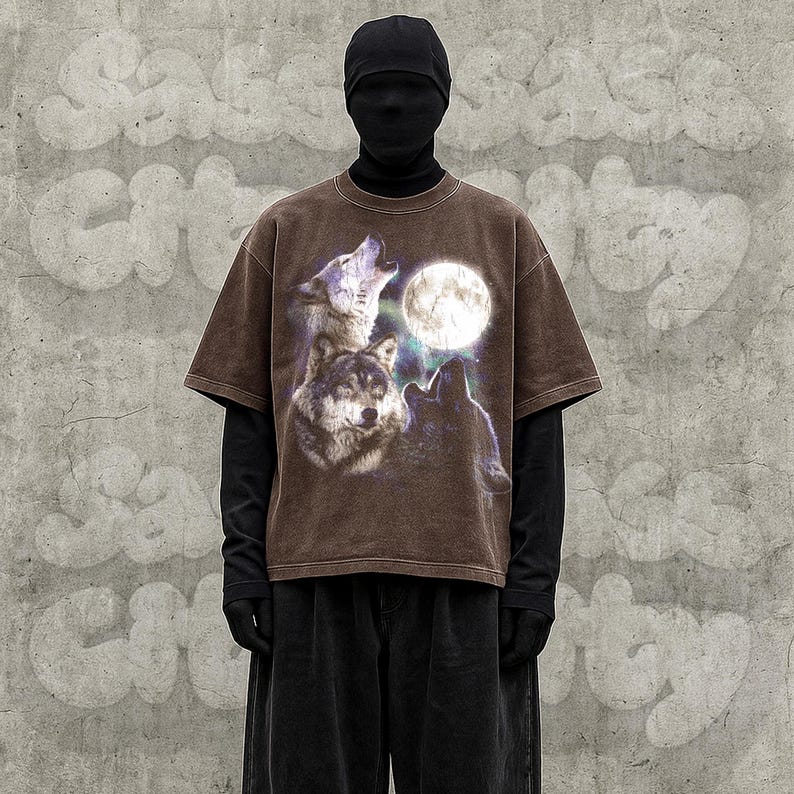 K&ouml;nnte beinhalten: Braunes T-Shirt mit einem Wolfsrudel, das den Vollmond anheult. Das Grafik-T-Shirt hat einen Vintage-Look. Das Shirt wird &uuml;ber einem schwarzen Langarmshirt und einer schwarzen Hose getragen.