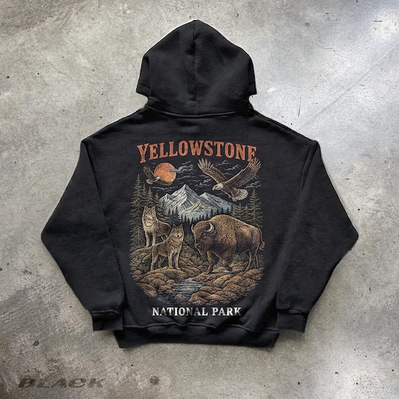 Yellowstone National Park Wildlife Hoodie, Vintage Bison Wolves Eagles Nature Graphic Sweatshirt