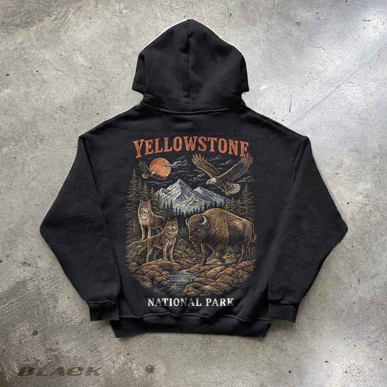 Yellowstone National Park Wildlife Hoodie, Vintage Bison Wolves Eagles Nature Graphic Sweatshirt image 1