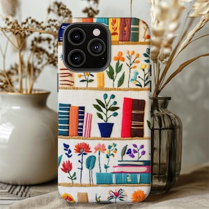 Embroidered Vintage Bookshelf Bookish Phone Case For iPhone 16 Pro 15 14 13 Max Plus Samsung S25 24 Ultra 23 Pixel 9 8 Book Lovers Gift 122